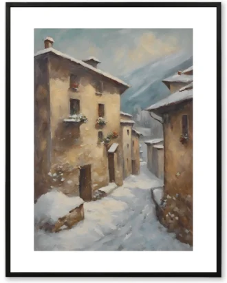 Winter Italian Village Wall Art, European Street Canvas