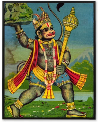 Hanuman Carrying Mountain Wall Art, Mythological Canvas
