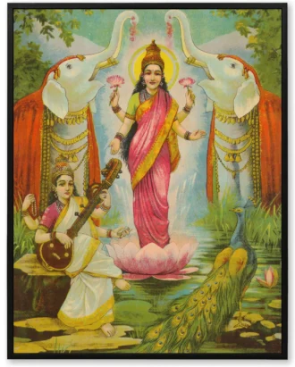 Saraswati Lakshmi Divine Wall Art, Hindu Goddess Canvas