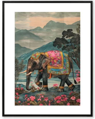 Royal Elephant Canvas Wall Art – Lotus Landscape Painting