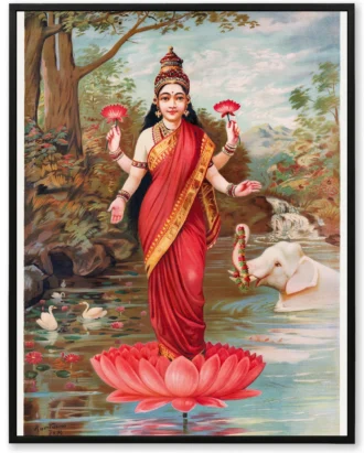 Lakshmi on Lotus Canvas Art – Traditional Religious Wall Painting