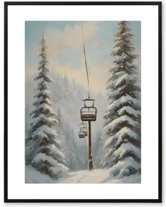 Snowy Cable Car Canvas Art – Winter Landscape Painting