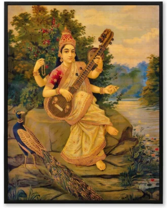 Goddess Saraswati with Veena Wall Art – Framed Canvas Painting